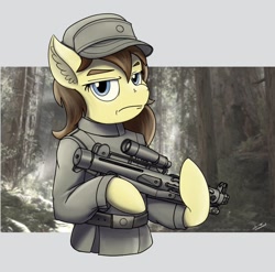 Size: 680x671 | Tagged: safe, artist:buckweiser, oc, oc only, oc:clover springs, pony, semi-anthro, clothes, e-11, female, forest, forest background, galactic empire, gun, hat, laser rifle, mare, nature, solo, star wars, tree, uniform, uniform hat, weapon