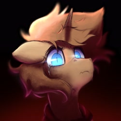 Size: 3508x3508 | Tagged: safe, artist:harukiicat, oc, oc only, oc:harry shinycog, pony, unicorn, angry, bust, crying, gradient background, horn, looking at you, messy mane, portrait, solo
