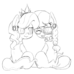 Size: 2000x2000 | Tagged: safe, artist:alazak, diamond tiara, silver spoon, earth pony, g4, ear piercing, earring, female, filly, foal, glasses, jewelry, necklace, one eye closed, piercing, ponytail, simple background, sitting, sketch, tiara, white background, wink