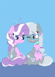 Size: 1125x1575 | Tagged: safe, artist:alazak, artist:duran301, diamond tiara, silver spoon, earth pony, g4, blouse, ear piercing, earring, female, filly, foal, glasses, jewelry, necklace, one eye closed, piercing, ponytail, sitting, tiara, wink