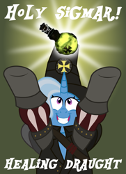 Size: 927x1280 | Tagged: safe, artist:isaac_pony, trixie, pony, unicorn, g4, crossover, hat, horn, hunter, light, looking up, potion, show accurate, smiling, text, vector, vermintide, warhammer (game), warhammer fantasy, warhammer:end times - vermintide