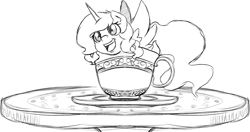 Size: 1636x864 | Tagged: safe, artist:alazak, princess luna, pony, g4, cup, cup of pony, cup of pony fish, grayscale, luna fish, micro, monochrome, open mouth, open smile, simple background, sketch, smiling, solo, teacup, white background
