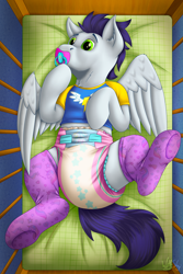 Size: 2000x3000 | Tagged: safe, artist:wittleskaj, soarin', pegasus, pony, g4, adult foal, blue mane, clothes, crib, cute, diaper, diaper fetish, diapered, fetish, green eyes, lying down, male, non-baby in diaper, on back, pacifier, poofy diaper, shirt, socks, solo, stallion, t-shirt