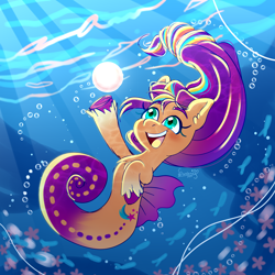 Size: 2750x2750 | Tagged: safe, artist:soniana_draws, idw, sunny starscout, earth pony, fish, merpony, pony, sea pony, seahorse, seapony (g4), starfish, g5, spoiler:comic, spoiler:g5comic, blue background, blushing, bubble, chest fluff, crepuscular rays, cute, digital art, dorsal fin, ear fluff, female, fin, fins, fish tail, floating, flowing mane, glowing, green eyes, happy, high res, mane stripe sunny, mare, ocean, open mouth, open smile, pearl, purple mane, scales, seaponified, seapony sunny starscout, set your sail, simple background, smiling, solo, species swap, sunlight, swimming, tail, teeth, underhoof, underwater, unshorn fetlocks, water