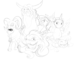 Size: 5000x4000 | Tagged: safe, artist:wownamesarehard, derpibooru exclusive, allura, grogar (g1), opaline arcana, queen chrysalis, squirk, tirac, alicorn, aq bars, big cat, centaur, changeling, changeling queen, leopard, octopus, pony, snow leopard, taur, g1, g4, g5, my little pony 'n friends, my little pony: make your mark, my little pony: make your mark chapter 2, my little pony: make your mark chapter 6, rescue at midnight castle, secrets of starlight, the ghost of paradise estate, the return of tambelon, spoiler:g5, spoiler:my little pony: make your mark chapter 2, spoiler:my little pony: make your mark chapter 6, absurd resolution, bell, chest fluff, cloven hooves, cute, cute little fangs, ear fluff, fangs, female, flash stone, fluffy, gritted teeth, grogar's bell, group, hatching (technique), lidded eyes, male, mare, monochrome, onomatopoeia, sextet, simple background, sketch, sleeping, sound effects, spread wings, teeth, unshorn fetlocks, white background, wings, zzz