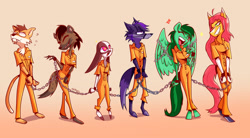 Size: 1600x886 | Tagged: safe, artist:vink_spooky, oc, oc only, oc:eden shallowleaf, oc:peach, horse, hyena, pegasus, rabbit, wolf, anthro, animal, bound wings, chained, chains, clothes, commissioner:land24, cuffs, female, femboy, furry, furry oc, gradient background, horse oc, jumpsuit, male, muzzle, pegasus oc, prison outfit, sabertooth, trans female, transgender, wings