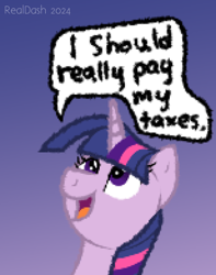 Size: 462x585 | Tagged: safe, artist:realdash, twilight sparkle, pony, unicorn, g4, cute, doodle, female, gradient background, horn, horse taxes, looking up, mare, open mouth, pay your taxes, pixel art, smiling, solo, taxes, text, twiabetes, unicorn twilight