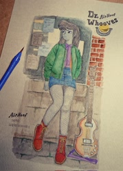 Size: 1463x2048 | Tagged: safe, artist:daisymane, octavia melody, human, equestria girls, g4, bass guitar, clothes, female, fishnet stockings, guitar, hofner bass, jacket, looking away, musical instrument, skirt, solo, traditional art, watercolor painting