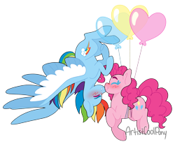 Size: 2489x2051 | Tagged: safe, artist:artistcoolpony, pinkie pie, rainbow dash, earth pony, pegasus, pony, g4, balloon, blush scribble, blushing, boop, eyes closed, female, floating, heart, heart balloon, high res, lesbian, mare, noseboop, ship:pinkiedash, shipping, signature, simple background, smiling, spread wings, then watch her balloons lift her up to the sky, transparent background, upside down, wings