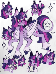 Size: 1555x2048 | Tagged: safe, artist:shyhandart, twilight sparkle, alicorn, pony, g4, alternate design, blaze (coat marking), blushing, chest fluff, cloven hooves, coat markings, colored hooves, colored wings, crying, cup, facial markings, female, glasses, hair bun, horn, leonine tail, mare, no pupils, onomatopoeia, pale belly, simple background, sleeping, smiling, socks (coat markings), solo, sparkles, stars, tail, twilight sparkle (alicorn), two toned wings, unshorn fetlocks, wavy mouth, white background, wings