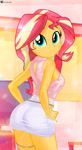 Size: 626x1151 | Tagged: safe, artist:charliexe, sunset shimmer, human, equestria girls, g4, ass, back, background, backless, bare shoulders, belt, breasts, bunset shimmer, butt, clothes, cute, ear piercing, earring, female, jewelry, looking at you, looking back, open-back sweater, piercing, shimmerbetes, sideboob, skirt, sleeveless, sleeveless sweater, solo, sparkly background, stupid sexy sunset shimmer, sweater, virgin killer sweater, waifu material, warm colors