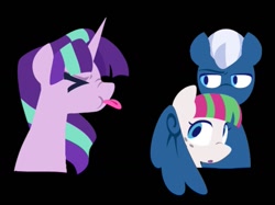 Size: 1337x1001 | Tagged: safe, artist:partyponypower, blossomforth, night glider, starlight glimmer, pegasus, pony, unicorn, g4, :p, alternate universe, black background, horn, s5 starlight, simple background, tongue out, trio