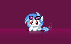 Size: 3200x2000 | Tagged: safe, artist:valcron, dj pon-3, vinyl scratch, pony, unicorn, g4, female, filly, foal, frown, glasses, gradient background, horn, lying down, prone, purple background, reflection, simple background, solo