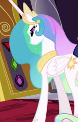 Size: 692x1080 | Tagged: safe, screencap, princess celestia, pony, g4, the return of harmony, canterlot castle interior, concave belly, cropped, crown, ethereal mane, facing away, folded wings, hoof shoes, horn, jewelry, long horn, peytral, princess shoes, regalia, slender, solo, tall, thin, wings