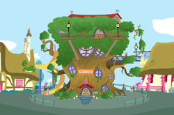 Size: 3118x2052 | Tagged: safe, artist:aleximusprime, artist:gatesmccloud, background, fence, flag, flag of equestria, harmony clubhouse tree, high res, no pony, ponyville, swing, telescope, tire, tire swing, tree