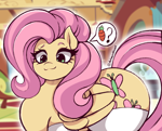 Size: 2026x1637 | Tagged: safe, artist:artmorheart, fluttershy, pegasus, pony, g4, adorasexy, butt, carrot, clothes, cute, food, large butt, looking at you, plot, question mark, sexy, smiling, smiling at you, socks, stockings, thigh highs, white socks, wide hips