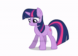 Size: 800x582 | Tagged: safe, artist:zeffdakilla, twilight sparkle, pony, unicorn, g4, animated, blinking, flash, gif, horn, i can't believe it's not hasbro studios, looking at self, looking sideways, raised hoof, show accurate, simple background, smiling, solo, standing, unicorn twilight, white background