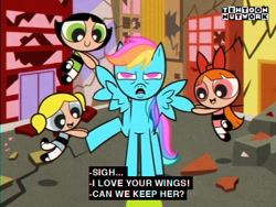 Size: 640x480 | Tagged: safe, artist:tehnutball, rainbow dash, human, pegasus, pony, double rainboom, g4, blossom (powerpuff girls), bubbles (powerpuff girls), buttercup (powerpuff girls), city, crossover, female, frown, mare, narrowed eyes, open mouth, spread wings, text, the powerpuff girls, townsville, wings