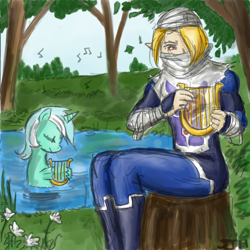 Size: 900x900 | Tagged: safe, artist:johnjoseco, artist:michos, lyra heartstrings, sea pony, g4, crossover, lyre, music notes, musical instrument, pond, seaponified, seapony lyra, sheik, species swap, the legend of zelda, tree, tree stump, water