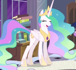 Size: 1181x1080 | Tagged: safe, screencap, princess celestia, g4, princess twilight sparkle (episode), book, concave belly, cropped, crown, cute, cutelestia, ethereal mane, ethereal tail, folded wings, hoof shoes, horn, jewelry, laughing, long horn, long mane, long tail, peytral, princess shoes, regalia, slender, solo, tail, tall, thin, wings