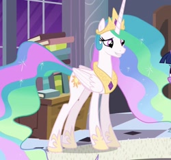 Size: 1157x1080 | Tagged: safe, screencap, princess celestia, g4, princess twilight sparkle (episode), book, concave belly, cropped, crown, ethereal mane, ethereal tail, folded wings, hoof shoes, horn, jewelry, long horn, long mane, long tail, peytral, princess shoes, regalia, slender, solo, tail, tall, thin, wings