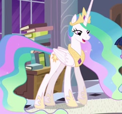 Size: 1150x1080 | Tagged: safe, screencap, princess celestia, g4, princess twilight sparkle (episode), book, concave belly, cropped, crown, ethereal mane, ethereal tail, folded wings, hoof shoes, horn, jewelry, long horn, long mane, long tail, peytral, princess shoes, regalia, slender, solo, tail, tall, thin, wings