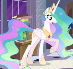 Size: 1155x1080 | Tagged: safe, screencap, princess celestia, g4, princess twilight sparkle (episode), book, concave belly, cropped, crown, ethereal mane, ethereal tail, folded wings, hoof shoes, horn, jewelry, long horn, long mane, long tail, peytral, princess shoes, regalia, slender, solo, tail, tall, thin, wings