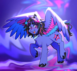 Size: 932x858 | Tagged: oc name needed, safe, artist:junoneo, oc, oc only, pegasus, pony, abstract background, beauty mark, chest fluff, choker, colored hooves, colored wings, leg fluff, looking at you, magenta eyes, multicolored wings, open mouth, open smile, ponysona, raised hoof, shiny hooves, smiling, solo, spread wings, unshorn fetlocks, wings