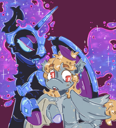 Size: 1555x1711 | Tagged: safe, artist:tottallytoby, derpy hooves, nightmare moon, alicorn, bat pony, pony, g4, ahoge, alternate color palette, alternate design, alternate eye color, alternate hairstyle, alternate tailstyle, armor, bat ponified, bat wings, black coat, blonde mane, blonde tail, blue sclera, body freckles, bracer, cheek fluff, chest fluff, colored belly, colored eyebrows, colored hooves, colored sclera, colored teeth, colored wings, countershading, cute, cute little fangs, derpybat, duo, duo female, ear fluff, ear tufts, ethereal mane, ethereal tail, eyebrows, eyebrows visible through hair, eyelashes, fangs, female, floating eyebrows, freckles, gray coat, height difference, helmet, horn, horn cap, jewelry, leg freckles, lesbian, lidded eyes, long mane, long tail, looking at someone, mare, multicolored mane, multicolored tail, narrowed eyes, nightmare moon armor, open mouth, orange eyes, pale belly, peytral, profile, race swap, raised hoof, red background, regalia, sharp teeth, ship:nightmarederp, shipping, short tail, simple background, smiling, starry mane, starry tail, tail, teeth, two toned wings, wall of tags, wing armor, wing freckles, wingding eyes, wings