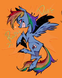 Size: 1080x1350 | Tagged: safe, artist:batzy-artz, rainbow dash, pegasus, pony, g4, blue coat, blue text, butt fluff, colored eartips, colored hooves, ear fluff, ear tufts, emanata, eyelashes, fangs, female, flying, leg fluff, long mane, long tail, looking back, mare, multicolored hair, narrowed eyes, orange background, pink eyes, profile, rainbow hair, rainbow tail, simple background, smiling, solo, spread wings, tail, text, thin, unshorn fetlocks, wingding eyes, wings