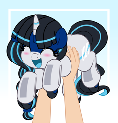 Size: 4822x5000 | Tagged: safe, artist:jhayarr23, oc, oc only, oc:ratangga, human, object pony, original species, pony, train pony, unicorn, cute, gradient background, grin, hand, happy, holding a pony, horn, offscreen character, offscreen human, open mouth, smiling, solo focus, train