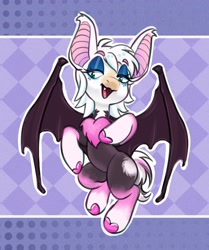 Size: 3098x3706 | Tagged: safe, artist:opalacorn, bat pony, pony, eye clipping through hair, eyebrows, eyebrows visible through hair, female, high res, lidded eyes, mare, open mouth, open smile, patterned background, ponified, rouge the bat, smiling, solo, sonic the hedgehog (series)