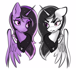 Size: 2835x2574 | Tagged: safe, artist:opalacorn, oc, oc only, oc:starlight, alicorn, pony, bust, duality, frown, furrowed brow, lidded eyes, looking at each other, looking at someone, simple background, white background