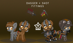 Size: 1700x1000 | Tagged: safe, artist:devorierdeos, oc, oc only, earth pony, unicorn, fallout equestria, battle saddle, brothers, cutie mark, duo, duo male, foal, gradient background, helmet, horn, knife, male, raider, raider armor, reference sheet, sawed off shotgun, siblings, yellow eyes