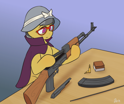 Size: 3100x2600 | Tagged: safe, artist:zeroonesunray, a.k. yearling, daring do, pegasus, pony, g4, ak-47, assault rifle, dexterous hooves, female, gun, high res, mare, name pun, pun, rifle, sitting, solo, visual pun, weapon