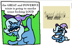 Size: 1240x802 | Tagged: safe, artist:punkittdev, trixie, pony, unicorn, g4, comic, drug use, drugs, dudeweed, female, horn, joint, mare, marijuana, screaming, solo, suddenly hands