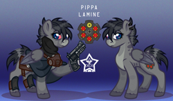 Size: 1700x1000 | Tagged: safe, artist:devorierdeos, oc, oc only, oc:pippa lamine, pegasus, fallout equestria, 10mm pistol, bag, black hair, blue eyes, concave belly, cutie mark, female, gas mask, gradient background, gray coat, gun, handgun, injured, mare, mask, pegasus oc, raincoat, reference sheet, revolver, revolver drum, ribs, scavenger, solo, teenager