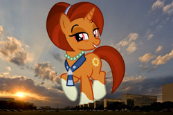 Size: 1600x1065 | Tagged: safe, artist:cheezedoodle96, edit, editor:jaredking779, stellar flare, pony, unicorn, g4, attack on pony, brasília, brazil, coat markings, female, giant pony, giantess, grin, highrise ponies, horn, irl, jewelry, looking at you, macro, mare, necklace, pearl necklace, photo, ponies in real life, raised hoof, red eyes, smiling, socks (coat markings)
