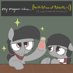 Size: 1020x1020 | Tagged: safe, artist:castafae, oc, oc only, oc:ardent glyph, oc:faint rune, earth pony, bandaid, bandana, clapping, clothes, dialogue, duo, duo female, female, filly, floppy ears, foal, green background, misspelling, ponytail, potion, scarf, siblings, simple background, stars, table, tooth gap, twins