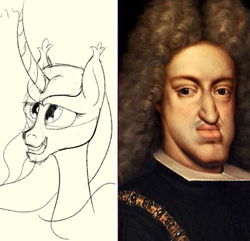 Size: 625x603 | Tagged: safe, pony, unicorn, charles ii of spain, curved horn, ear fluff, female, grin, habsburg, horn, inbreeding, mare, ponified, ridiculous, rule 63, sketch, smiling, ugly