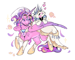 Size: 2238x1785 | Tagged: safe, artist:gorjee-art, princess cadance, shining armor, alicorn, pony, unicorn, g4, clothes, dress, duo, duo male and female, female, floating heart, flower, heart, hoof on chin, horn, husband and wife, jewelry, kiss mark, large wings, larger female, lipstick, looking back, male, mare, meme, ponies riding ponies, riding, ring, shining armor riding cadance, ship:shiningcadance, shipping, simple background, size difference, smaller male, smiling, sparkles, stallion, straight, the bride and the ugly ass groom, wedding dress, wedding ring, white background, wings