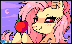 Size: 1363x835 | Tagged: safe, artist:crywulfe, fluttershy, bat pony, pony, g4, animal jam, apple, bat ponified, fangs, female, flutterbat, food, mare, race swap, screenshots, smiling, solo