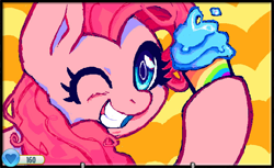 Size: 1362x836 | Tagged: safe, artist:catsupremacy, pinkie pie, earth pony, pony, g4, abstract background, animal jam, cupcake, food, grin, one eye closed, smiling, solo, teeth, wink
