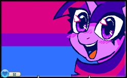 Size: 1362x836 | Tagged: safe, artist:catsupremacy, twilight sparkle, pony, unicorn, g4, animal jam, bilight sparkle, bisexual pride flag, horn, open mouth, open smile, pride, pride flag, smiling, solo