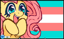 Size: 1362x836 | Tagged: safe, artist:catsupremacy, fluttershy, pegasus, pony, g4, animal jam, female, mare, open mouth, open smile, pride, pride flag, smiling, solo, trans fluttershy, transgender pride flag