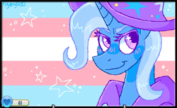 Size: 1362x836 | Tagged: safe, artist:tigery500, trixie, pony, unicorn, g4, animal jam, female, horn, mare, pride, pride flag, smiling, solo, trans trixie, transgender, transgender pride flag