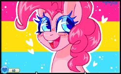 Size: 1362x836 | Tagged: safe, artist:tigery500, pinkie pie, earth pony, pony, g4, animal jam, female, heart, mare, open mouth, open smile, pansexual pride flag, pride, pride flag, smiling, solo