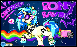 Size: 1362x836 | Tagged: source needed, safe, artist:tigery500, dj pon-3, vinyl scratch, cat, pony, unicorn, g4, bandana, blush sticker, blushing, choker, colored eyebrows, colored hooves, colored pinnae, coontails, emanata, eyebrows, eyebrows visible through hair, eyelashes, female, glasses, glowstick, headphones, heart, hoof polish, hooves, horn, mare, music notes, nyan cat, open mouth, open smile, profile, raised hoof, scene kid, shiny hooves, signature, smiling, solo, space, speech bubble, stars, text, trotting, unshorn fetlocks, vinyl's glasses
