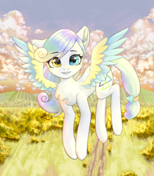 Size: 3500x4000 | Tagged: safe, artist:闪电_lightning, oc, oc only, pegasus, flying, heterochromia, looking at you, pegasus oc, scenery, sky, solo, spread wings, wings