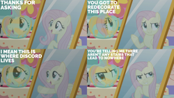 Size: 2000x1125 | Tagged: safe, edit, edited screencap, editor:quoterific, screencap, fluttershy, discordant harmony, g4, discord's house, implied discord, mirror, reflection, solo, talking to herself